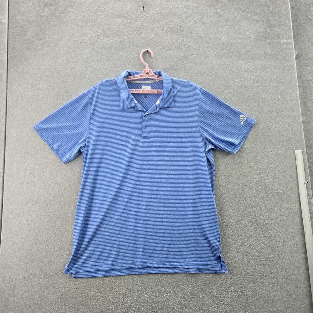 Adidas‎ Men Polo XL Blue Striped Golf Activewear Logo Short Sleeve